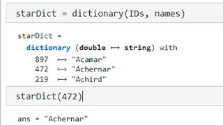 MATLAB code to create a dictionary object and access a value within the object using a key.